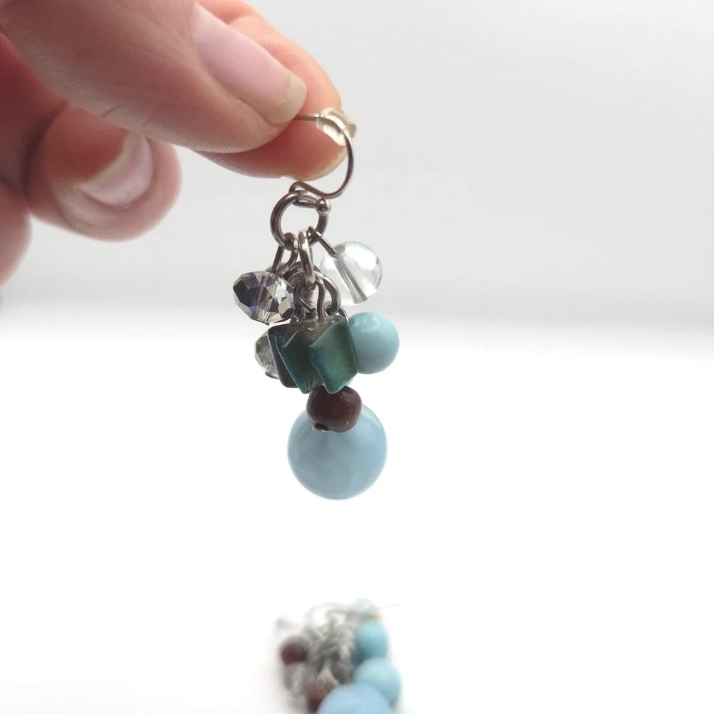 Boho Blue Cluster Dangle Earrings Wood Crystal Bead Silver Tone‎ Drop 2 Inch